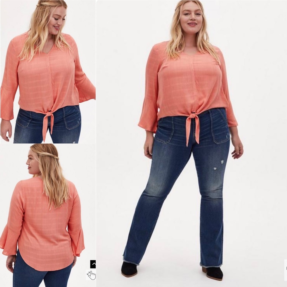 Torrid Coral Textured Woven Tie Front Bell Sleeve V Neck blouse Textured Sz 2 18